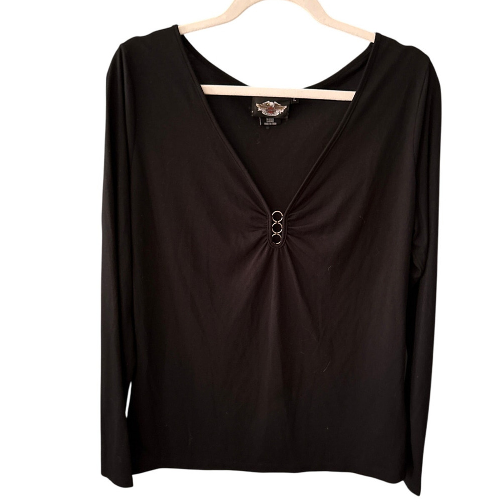 Harley-Davidson Womens Embellished‎ Graphic Sleeve Large Bling Rhinestone V-Neck